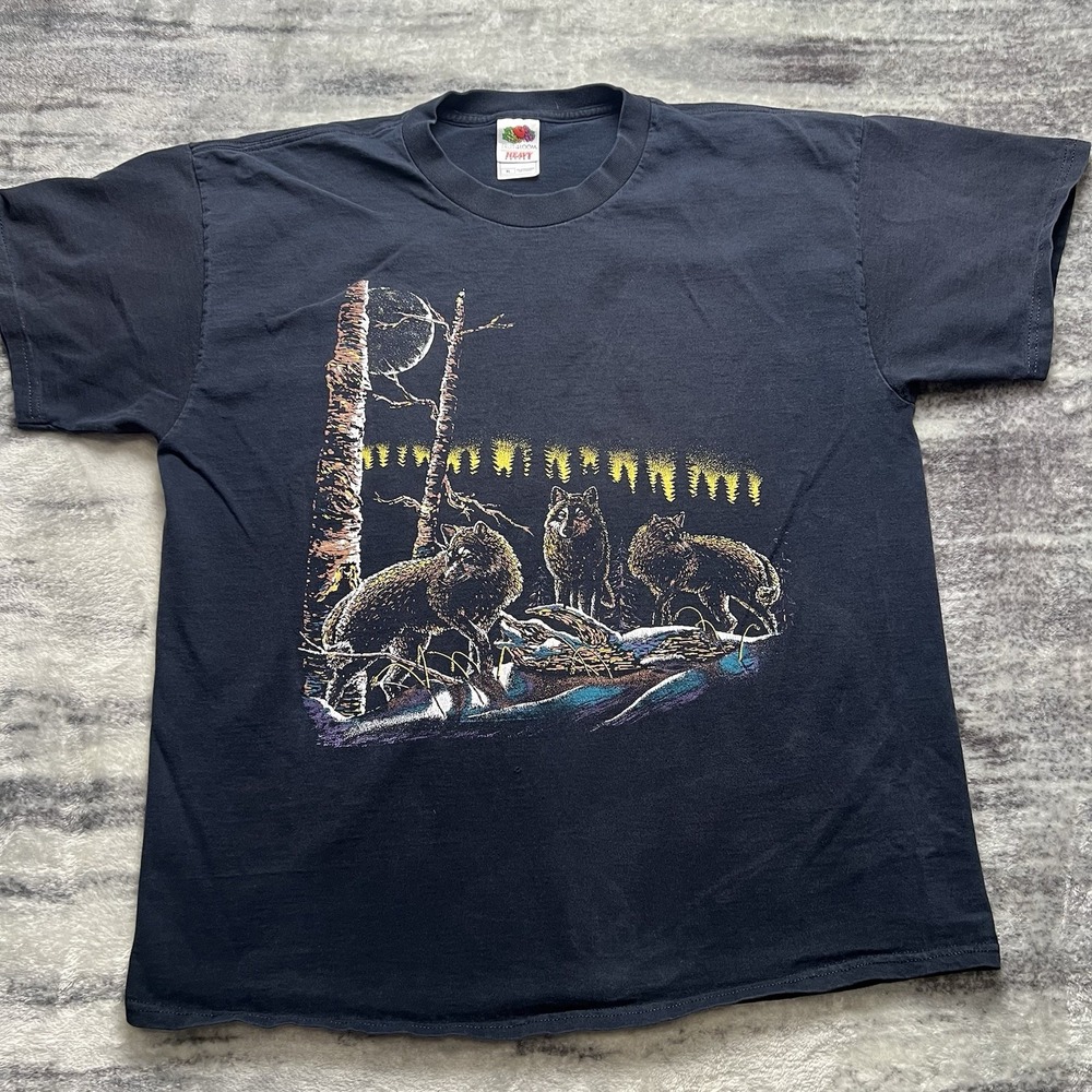 Vintage 90s Wolf Forest Snow Nature Wildlife T-Shirt XL Black